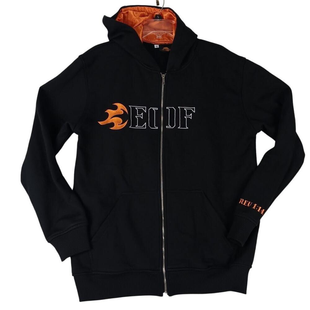 Eyes Of Fire Hoodie Mens XL Black Orange Flame Spell Out Full Zip‎